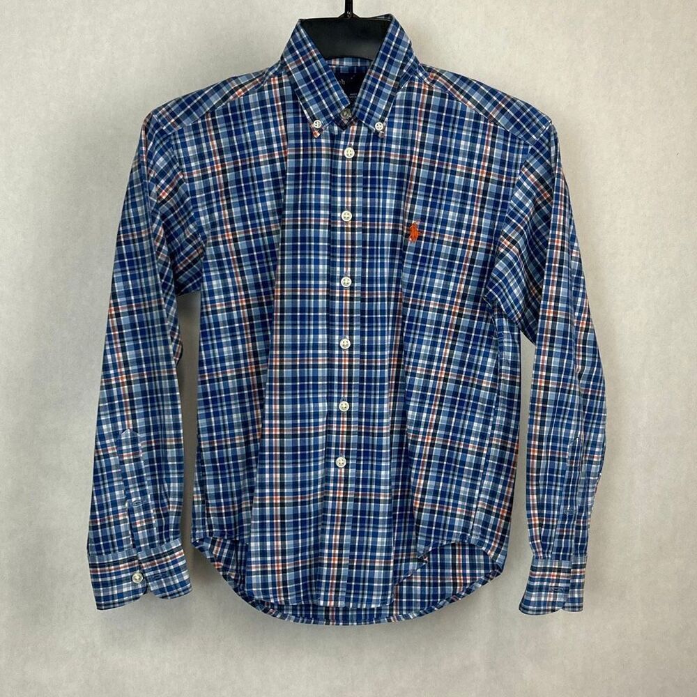 Ralph Lauren Boys Button Down Shirt Sz Small 8-10 Blue Plaid Long Sleeve